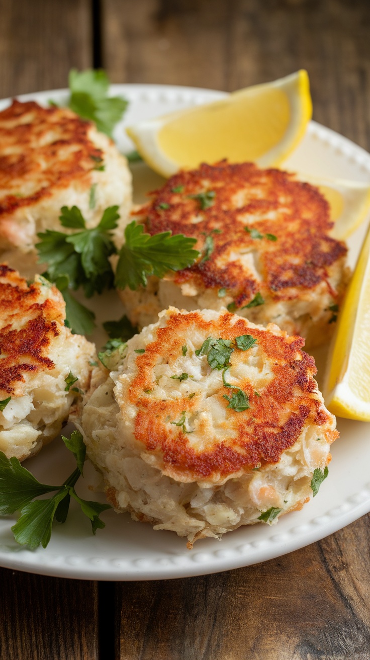 Simple and Delicious 5-Ingredient Crab Cakes Recipe Delicious golden crab cakes with parsley and lemon wedges on a rustic wooden table.